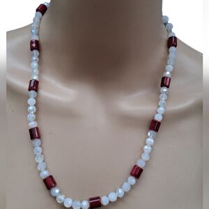 1950s Irridescent Moonstone Glass & Red Ceramic Beaded Necklace